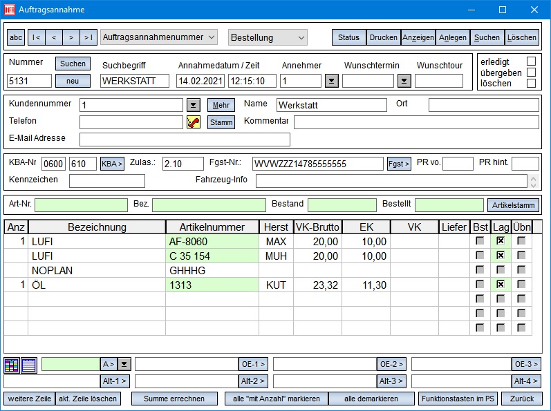hier sehen Sie den Screenshot Auftragsannahme