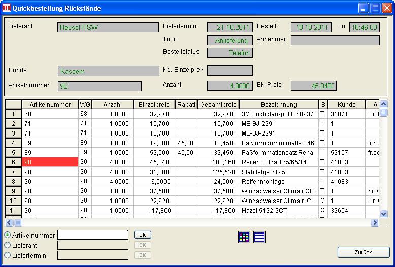 Screenshot Quickbestellungen Rückstands- und Lieferkontrolle